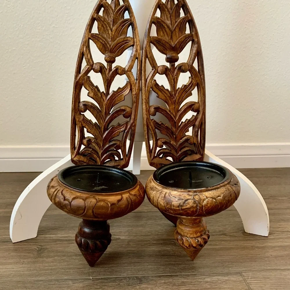 Vintage Pair Of Hand carved Wooden Ornate Wall Candle Holders